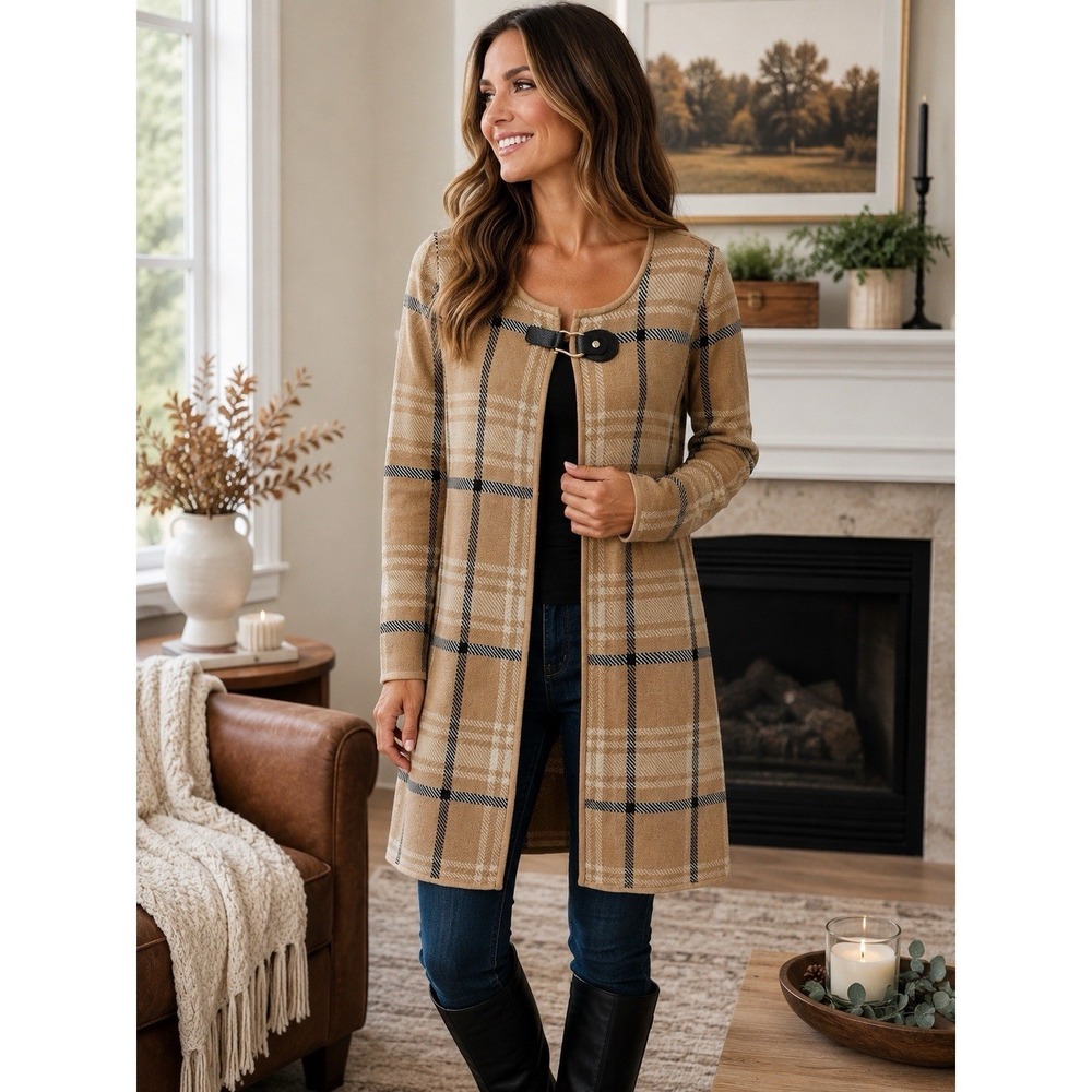 Anne Klein Plaid Sweater Cardigan Medium Camel Black Buckle Front Long Sleeve